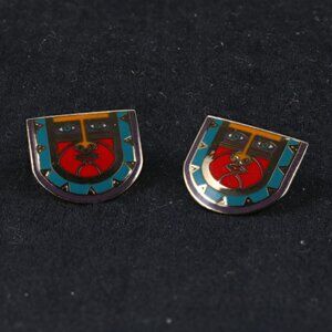 Vtg Laurel Burch Kubera Post Earrings Cloisonné Enamel Tribal Signed, RARE find